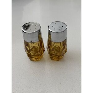 Vintage MCM Amber Glass Salt & Pepper Shakers Metal Lids Farmhouse Retro
